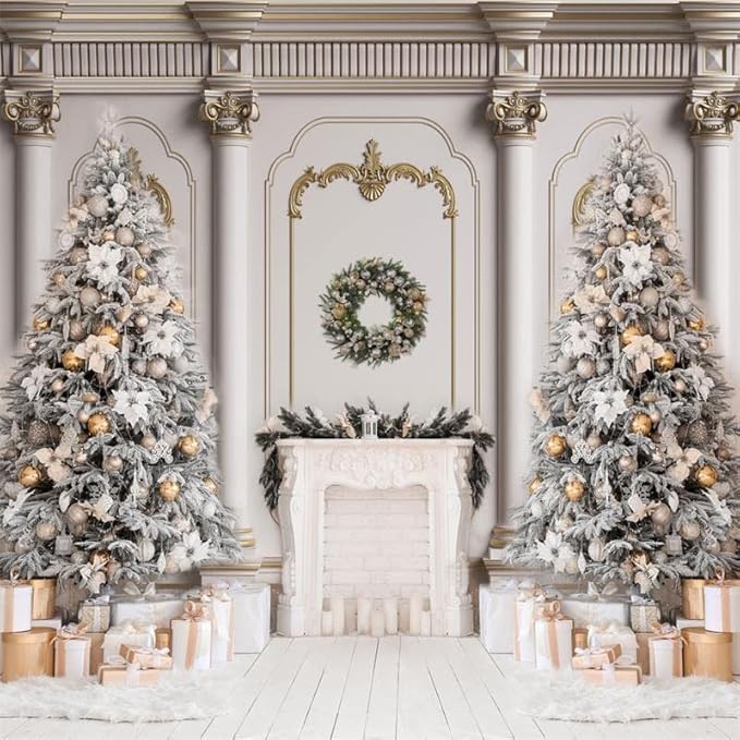 Kate 8×8ft (2.5×2.5m) Christmas Tree Photo Backdrop Xmas Palace Classic Indoor White Fireplace Gifts Decoration Photography Background for Christmas New Year Photographer Studio Props