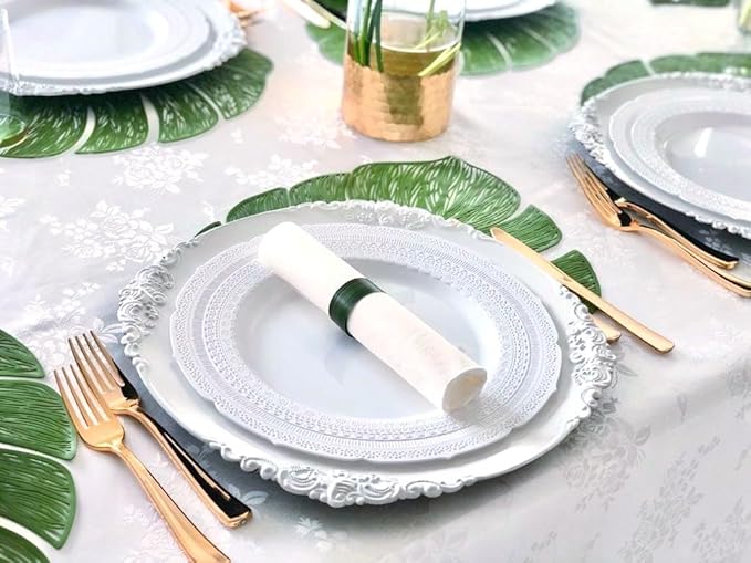 OCCASIONS 50 Disposable Plastic Plates for 25 Guests - Heavy Duty Wedding Party Plate Set, 25 x 11" Dinner + 25 x 8.25" Dessert, Looks Like Real China, Elegant Fancy Reusable, BPA Free (Chateau White)