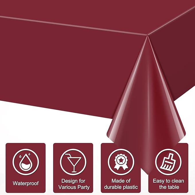 3Pcs Burgundy Tablecloth,Disposable Plastic Tablecloths,Waterproof Wine Red Rectangle Table Cover for Graduation Birthdays Weddings Anniversary Party Decorations,54 x 108 Inch