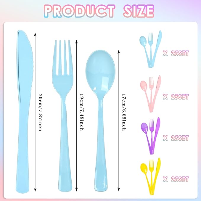 300 Pack Pastel Pink Blue Purple Yellow Disposable Plastic Silverware Heavy Duty, Plastic Cutlery Set, Forks and Spoons Knives Set for Easter Birthday Party Prom Night, Weddings, (Macaron Colors)