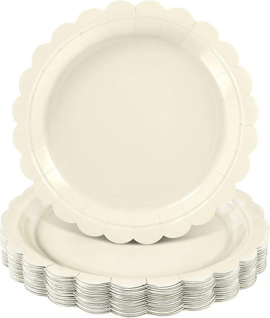 NatNarr 30 Pcs Ivory Paper Plates 9 Inch Disposable Scalloped Cream Plates Cute Beige Dessert Cake Plate Party Dinner Plate for Baby Shower, Wedding, Bridal Shower