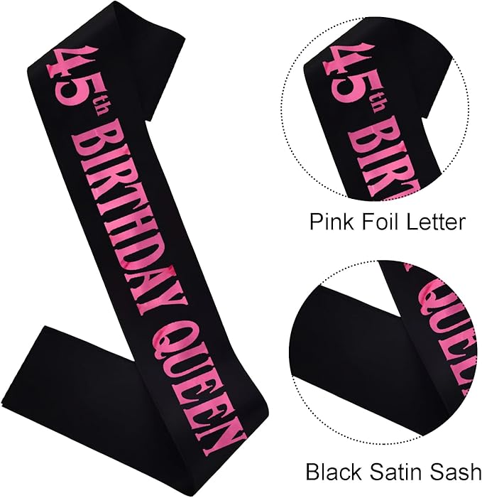 45th Birthday Queen Sash, Pink Foil Black Satin Birthday Sash for Women 45th Fabulous Birthday Party Gift Decorations Favors