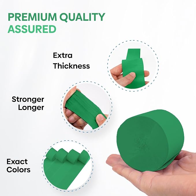 Captain Decor 4 Crepe Paper Streamers Rolls, 328ft Pack of Unique 4 Green Streamers for Party Decorations, Birthday and Wedding Decoration (1.8 inch x 82 ft/Roll)