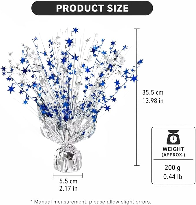 6 Pack Metallic Foil Spray Centerpiece Stars for Wedding, Birthday, Anniversary, Christmas Table Decor, Holiday Festival Baby Shower Graduation Mantle Party Decorations (Silver&Blue)