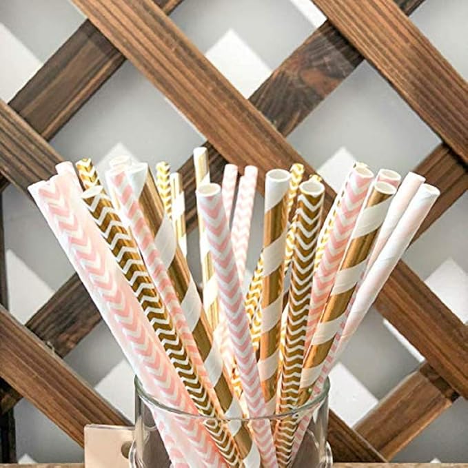 KTOJOY Biodegradable Paper Straws, 100 Pack Pink for Party Supplies, Birthday, Wedding, Bridal/Baby Shower Decorations and Holiday Celebrations