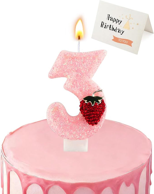 Birthday Candles for Cake, Pink Number Candles, Cake Candles with Greeting Card for Birthday Party Wedding Anniversary Celebrations (Strawberry 3 Candle)