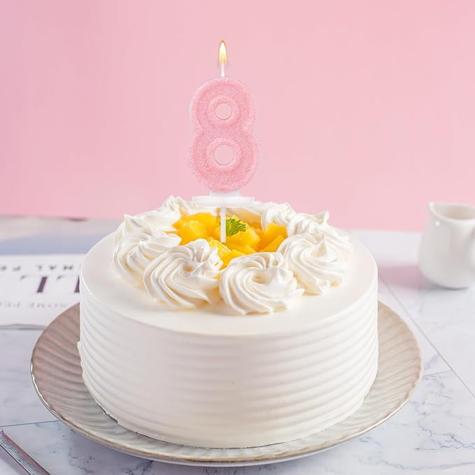 Pink Number Birthday Candles, Romantic Cake Glitter Pink Number Candles Anniversary Cake Topper Decoration Cute Birthday Party Supplies for Wedding Anniversary Celebration Supplies (8)