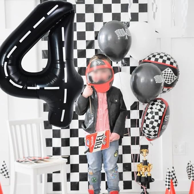 TONIFUL Race Car Black Balloons Car Birthday Party Supplies,40 Inch Giant Jumbo Helium Foil Mylar Big Number 4 Digital 4 Balloons for Boy's Birthday Party Truck Race Car Theme Party Decorations