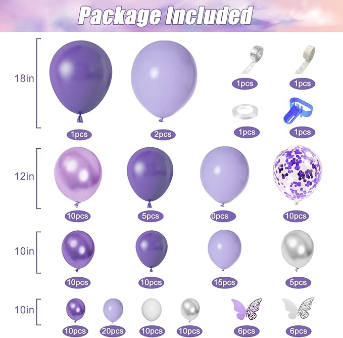Amandir 144Pcs Purple Balloons Garland Arch Kit for Butterfly Baby Shower Decorations for Girl, 12Pcs Butterfly Stickers Lavender Purple Confetti Metallic Balloon for Birthday Wedding Party Decoration