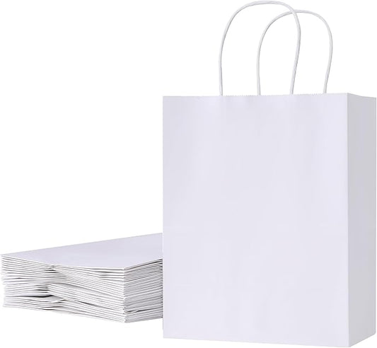 SUNCOLOR White Kraft Paper Gift Bags with Handles, 25 Pack, Medium 8x4.5x10 Inches, Sturdy Recyclable Shopping Bags for Party Favors, Retail, Weddings, and DIY Branding