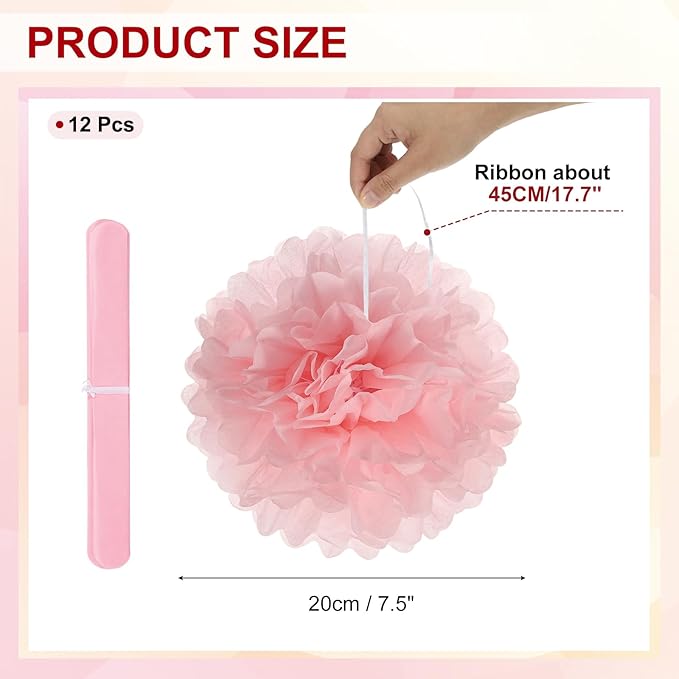 PATIKIL 8inch Tissue Paper Pom Poms, 12PCS Pom Poms Paper Flowers Ball Tissue Paper Flowers for Wedding Bridal Shower Birthday Bachelorette Party Backdrop Decoration, Light Pink