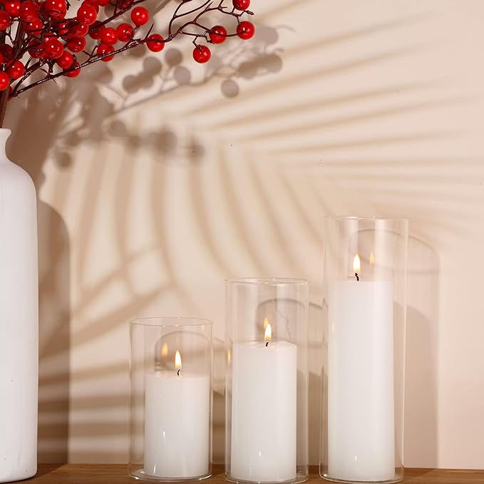 Shihanee Set of 12 Pillar Candles and Glass Cylinder Vases Clear Cylinder CandleHolders for Slim Pillar Candles Wedding Centerpieces(2.6'' X 4.7'', 5.9'', 7.9'',White)