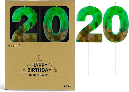 Pixel Birthday Candle, 2.68 Inch Miner Number Candles, Game Themed Candle Birthday Decoration for Pixel Theme Birthday Anniversary Dynamite Video Game Party (Green, 20)