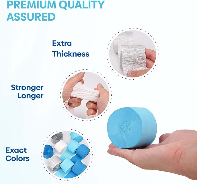 Captain Décor 6 Light Blue Streamers with Silver & White – 492ft Crepe Paper Rolls for Party & Birthday Decorations in Baby & Blue Accents