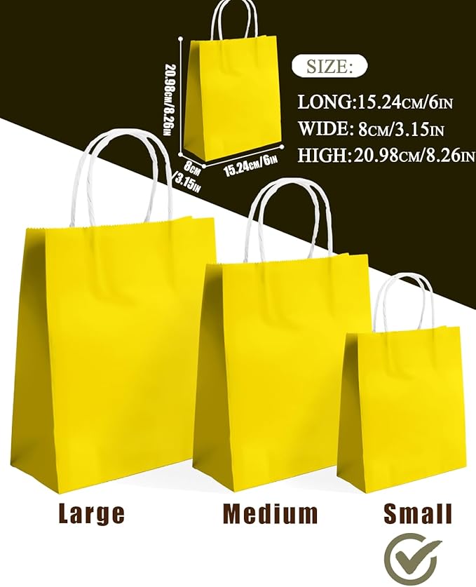 qiqee 24PCS Small Gift Bag with Handles Bulk 8.3"x6"x3" Gift Bags Bright Yellow Bags Multiple Uses (Small Size)