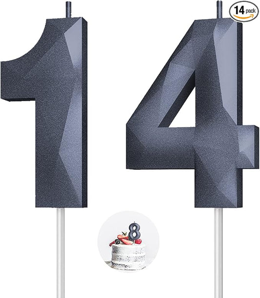 Number Birthday Candles(14 Candle Black) 3D Diamond Shape 14th Happy Birthday Cake Topper Decorations for Boy Men Birthday Wedding Anniversary Celebration Theme Party Supplies