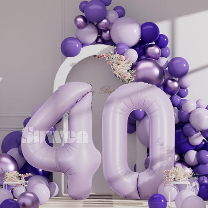 SUWEN 40 Inch Light Purple Large 40 Balloon Number Big Foil Helium Lavender Number Balloons Huge Mylar 0-9 Giant Jumbo Happy 40th Birthday Party Anniversary Decorations