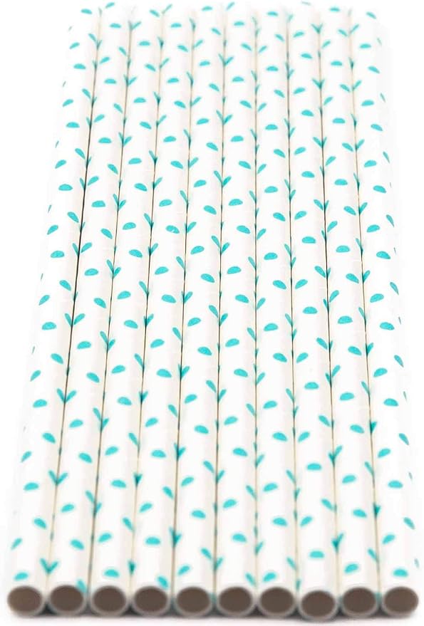 Pack of 300 Teal Blue Polka Dot Biodegradable 4-Ply Paper Drinking Straws (Compostable, Non-toxic, BPA-free)