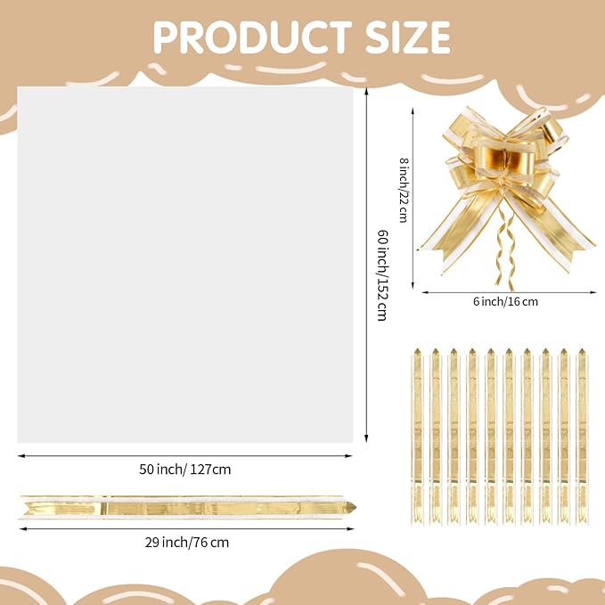 10 Pcs Extra Large Cellophane Bags 50x60 Inches for Gift Baskets, Clear Gift Basket Wrap with 10 Gold Ribbons, Food-Safe Plastic Packaging for Valentine's Day,Christmas,Weddings,Auctions