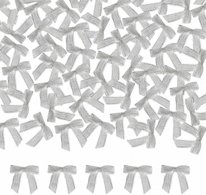Meseey 100 Pcs 1.5 Inches Pretied Premade Craft Bows with Twist Tie Self Adhesive Satin Ribbon Bows for Treat Bags Gift Wrapping Basket Wedding Baby Shower Brithday Party (Metallic Silver)