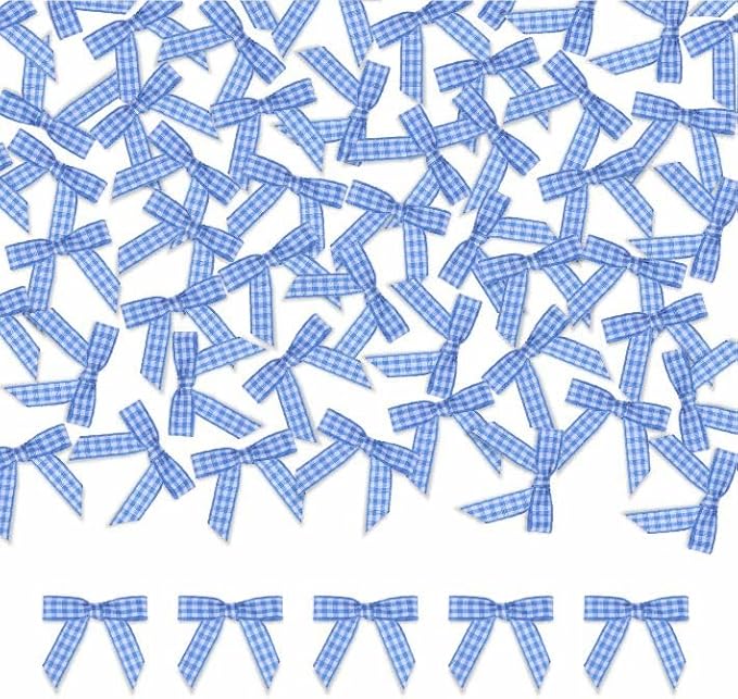 Meseey 100 Pcs 1.5 Inches Premade Gingham Craft Bows Self Adhesive Blue and White Plaid Ribbon Bows for Treat Bags Gift Wrapping Basket Wedding Baby Shower Brithday Party(Blue and White Plaid)
