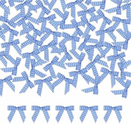Meseey 100 Pcs 1.5 Inches Premade Gingham Craft Bows Self Adhesive Blue and White Plaid Ribbon Bows for Treat Bags Gift Wrapping Basket Wedding Baby Shower Brithday Party(Blue and White Plaid)