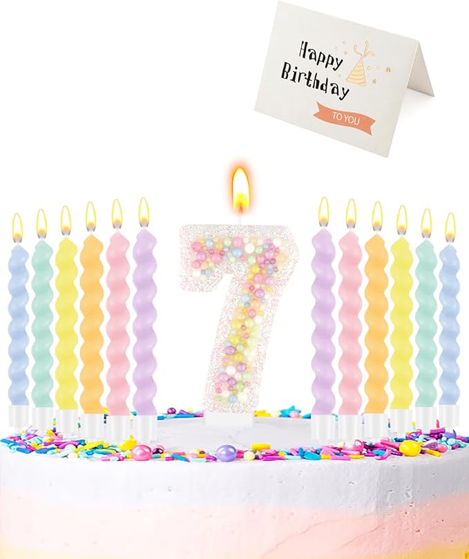 Birthday Candles for Cake, Pink Number Candles, Cake Candles with Greeting Card for Birthday Party Wedding Anniversary Celebrations（7 Candle,White Number Macaron）