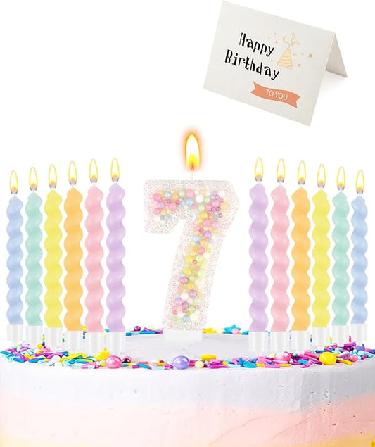 Birthday Candles for Cake, Pink Number Candles, Cake Candles with Greeting Card for Birthday Party Wedding Anniversary Celebrations（7 Candle,White Number Macaron）