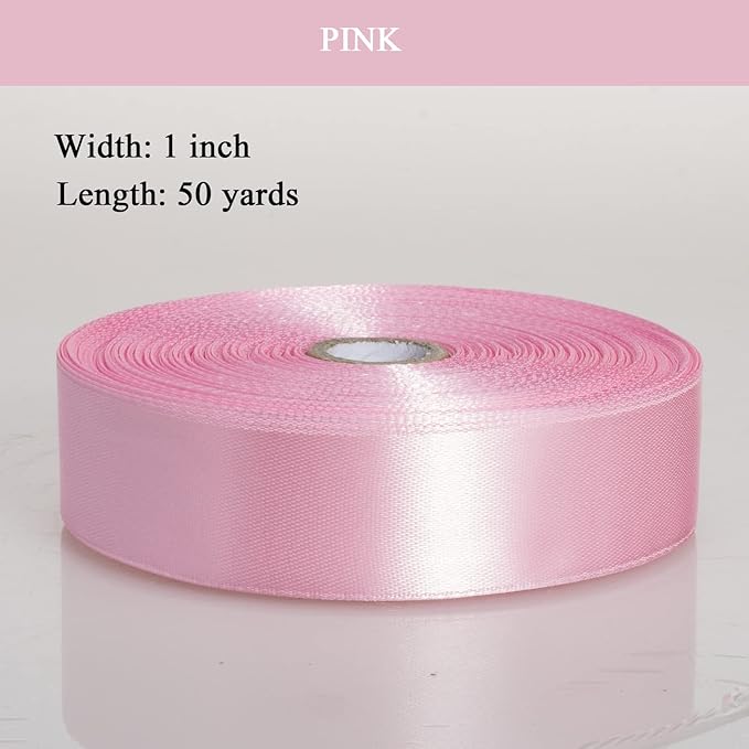 YASEO 1 Inch Pink Solid Satin Ribbon, 50 Yards Craft Fabric Ribbon for Gift Wrapping Floral Bouquets Wedding Party Decoration