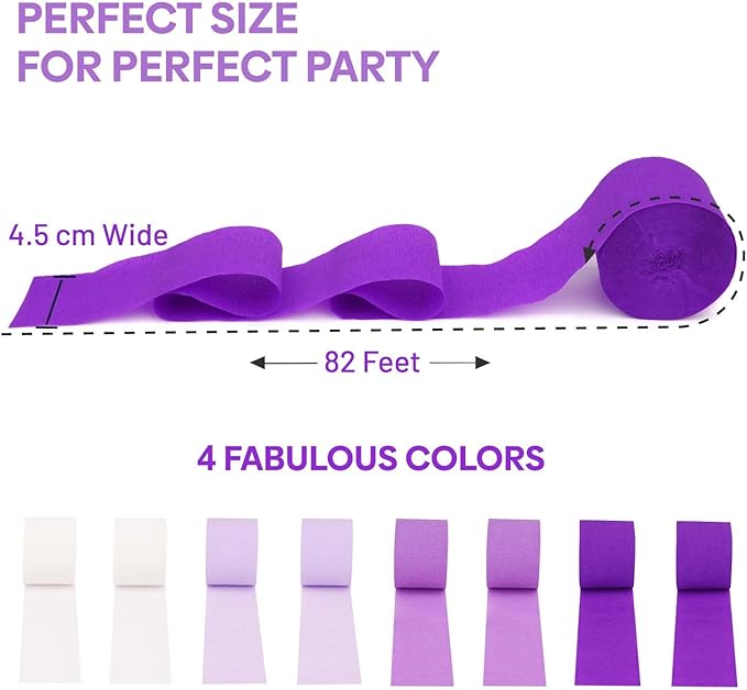 8 Purple Streamers Rolls, 656ft Pack of Purple Crepe Paper with White for Party Decorations, Birthday Decorations, Party Streamers (1.8 inch x 82 ft/Roll)