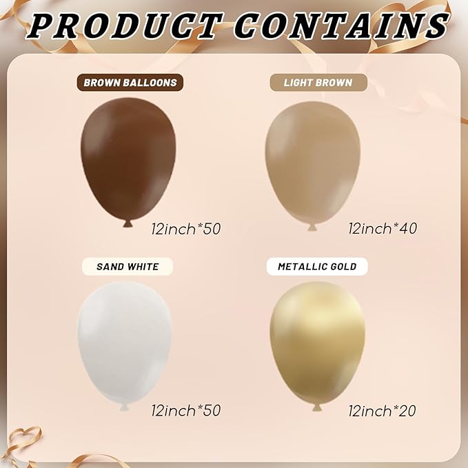 160Pcs 12 Inch Brown Light Brown Tan Sand White Metallic Gold Latex Balloons for Boho Neutral Baby Shower Birthday Party Decorations