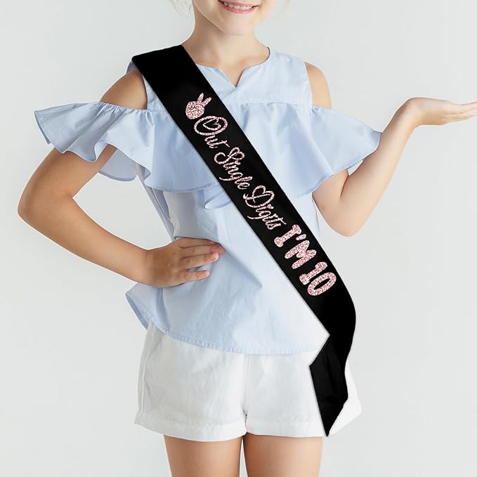Out Single Digits I'm 10 Sash - Black Sash with Rose Gold Foil - Cheers to 10th Years Old Party Supplies - Tenth Birthday Gift Double Digit Birthday Gift
