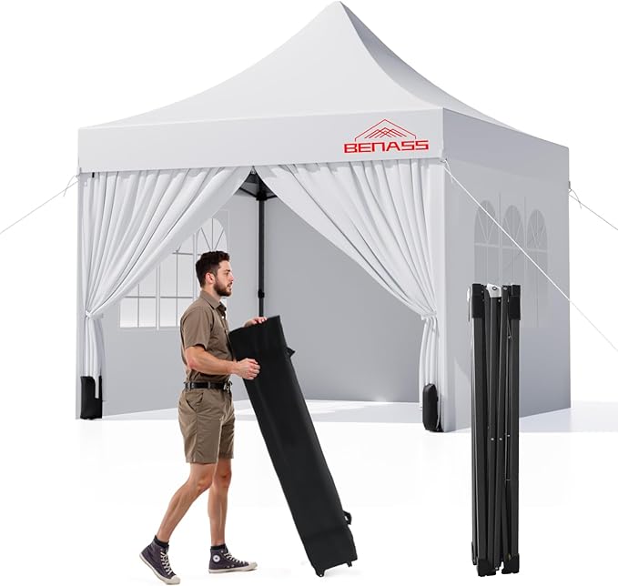 10x10 Heavy Duty Pop Up Canopy with 4 Sidewalls, 550D Commercial Easy Up Canopy Tent, Waterproof Outdoor Party Event Tent with Roller Bag, White