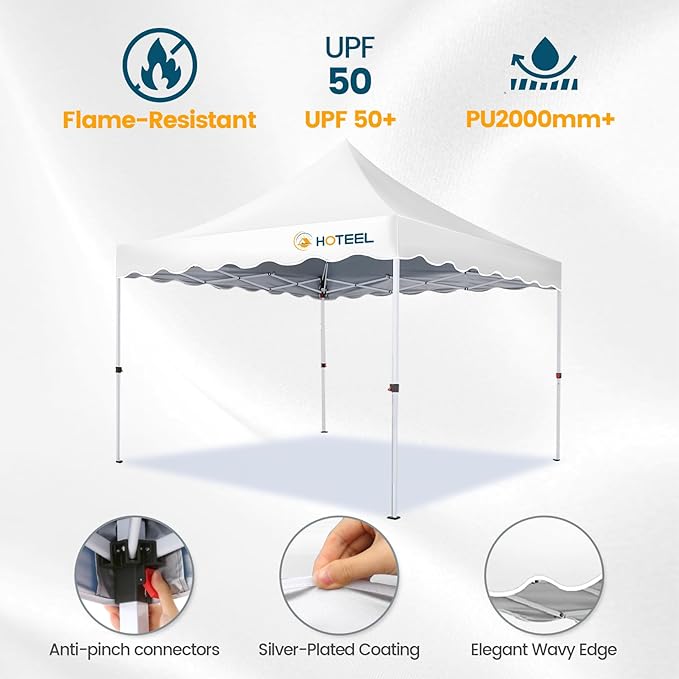 Hoteel 10x10 Pop Up Canopy Tent | One Person Setup Outdoor Shade, UPF 50+ and Waterproof, 210D Oxford Top, 3 Heights Adjustable, 600D Carry Bag for Beach, Events, Commercial Use (White)