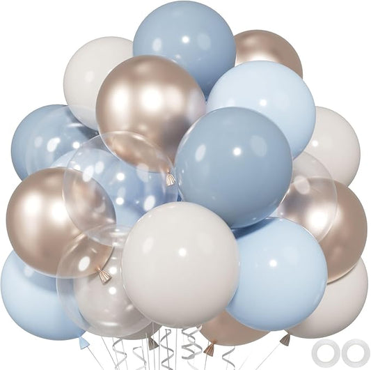60pcs Dusty Blue Balloon Set, 12" Baby Slate Blue, Sand White & Champagne Gold Confetti Balloons for 2026 Graduations,Weddings, Boys' Birthdays & Baby Showers (66ft Ribbons)