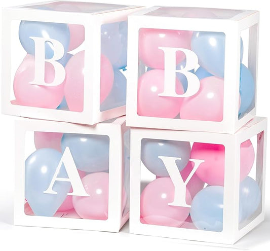 Voircoloria Baby Boxes with Letters for Baby Shower, Gender Reveal Decorations with 4 Transparent Balloon Boxes for Gender Reveal Party (Blue and Pink Balloons)