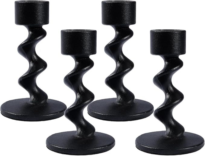 4PCS Matte Black Spiral Iron Taper Candlestick Holders – Stylish Table Centerpieces for Wedding, Anniversary, Party & Home Decor, Durable Gift with Anti-Slip Design