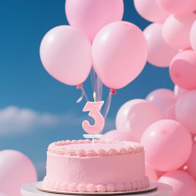 Pink Number Birthday Candles, Romantic Cake Glitter Pink Number Candles Anniversary Cake Topper Decoration Cute Birthday Party Supplies for Wedding Anniversary Celebration Supplies (3)