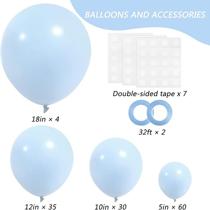 RUBFAC Blue Balloons 129pcs, Pastel Light Blue Balloon Different Sizes 18 12 10 5 Inch for Garland Arch Kit, Gender Reveal Baby Shower Birthday Wedding Easter Party Decoration
