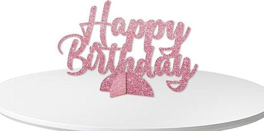 Happy Birthday Table Centerpiece, Pink Glitter Birthday Party Paper Free Standing for Women Men, HBD Script Table Centerpiece for Bday Party Supplies