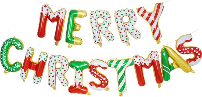 MERRY CHRISTMAS Balloon Banner, Red Green Gold Happy Christmas Style Sign for Xmas Party Decorations, 16 Inches Foil Donut Balloons Letter for Christmas Themed Indoor Outdoor Decor
