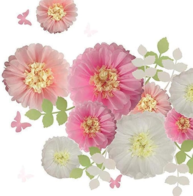 Fonder Mols Tissue Paper Chrysanth Flowers with Butterfly and Olive Leaves for Wedding Baby Shower Nursery Room Parties & Events Decorations Pom Poms (White Light Pink Pink)