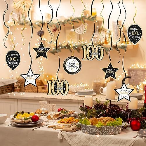 Happy 100th Birthday Black & Gold Glitter Swirls Streamers Party Decorations - 15 Pcs 100th Birthday Hanging Swirls Streamers Kit,Cheers to 100 Years Old Bday Party Sign.