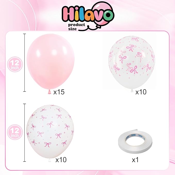 HILAVO Pink Bow Balloons, 12 Inch Pastel Light Pink Transparent White Bow Print Coquette Balloon for Girls Women Birthday Bachelorette Party Bridal Baby Shower Wedding Anniversary Decorations Supplies