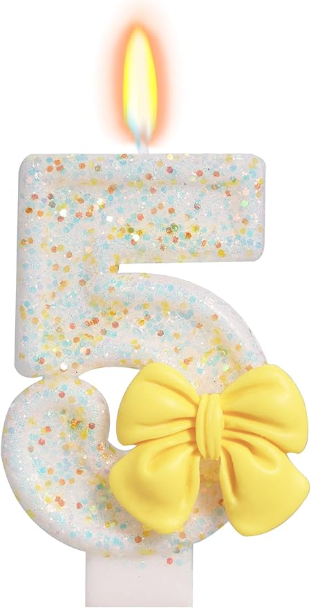 Birthday Candle for Cake, Yellow Bow Cake Candles, Cake Topper Decoration for Birthday Party (Number 5)