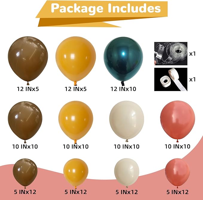 HILAVO Green and Brown Balloon Arch Kit Double Stuffed Teal Green Mustard Yellow Orange Brown Coffee Beige Retro Balloon for Wild Safari Jungle Hunting Birthday Baby Shower Party Decorations