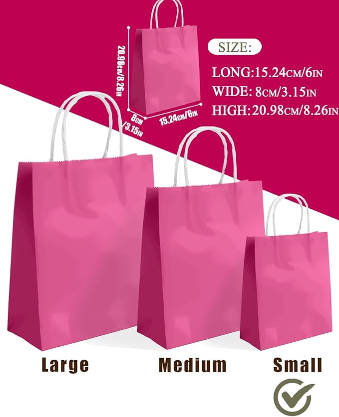 qiqee 24PCS Small Gift Bag with Handles Bulk 8.3"x6"x3" Gift Bags Pink Bags Multiple Uses (Small Size)