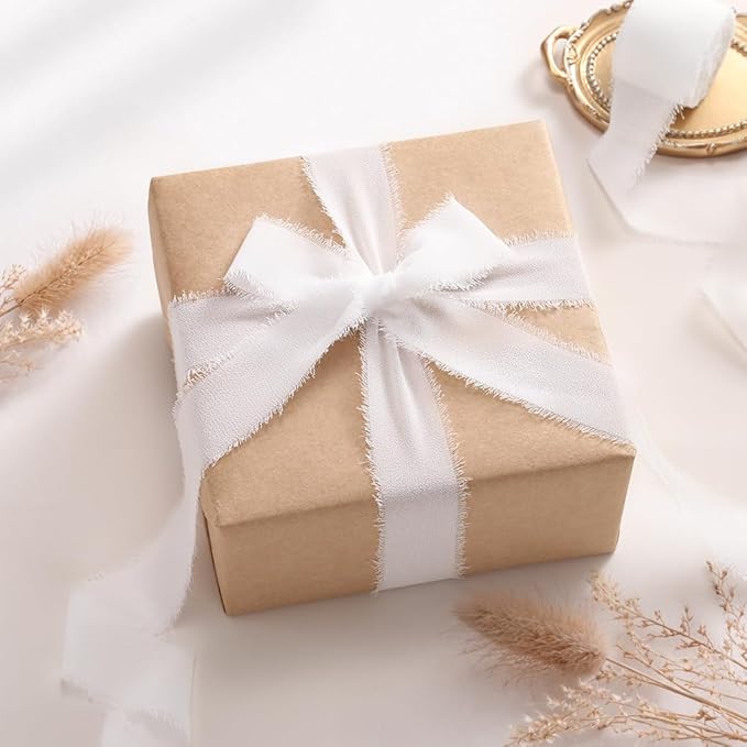 DORIS HOME White Chiffon Ribbon for Flower Bouquet, 1" x21Yd Fabric Ribbon for Gift Wrapping, Handmade Frayed Ribbon for Wedding Invitations/Christmas Decorations