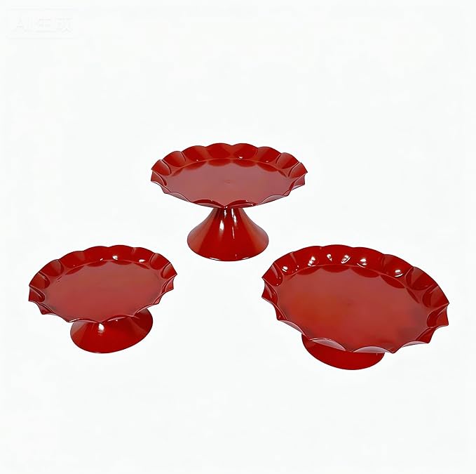 3 Tier Metal Cake Stand Set, Scalloped Edge Cupcake Tray Dessert Display Platter, Decorative Serving Stand for Wedding, Birthday, Tea Party (Red)