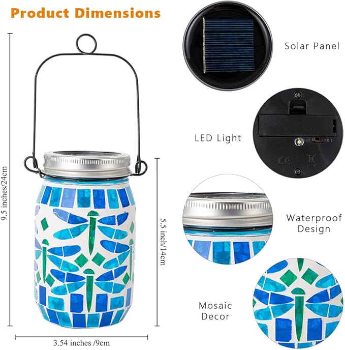 Starsoul Solar Hanging Lanterns Outdoor Waterproof, Mosaic Dragonfly Decor Glass Solar Outdoor Lights, Decorative Solar Lantern for Outside Pathway Patio Porch Yard Decor